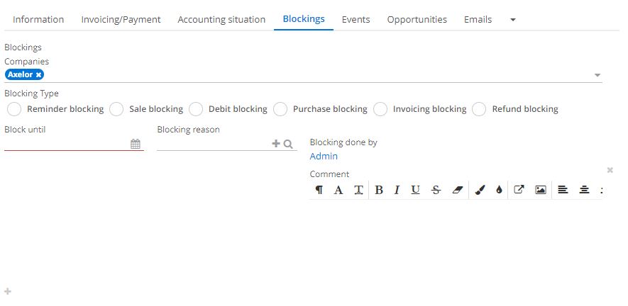1.1 Open a partner file, click on the Blocking tab, and configure the blocking. 1) In the Blockings Companies, select the Company that is blocking 2) Define the blocking type 3) Indicate until what date the block will last 4) Enter the reason for the block 5) In addition, you can also indicate by whom the block was carried out 6) Add a comment if you wish to give an additional explanation.